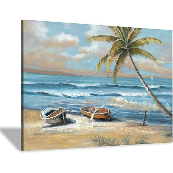 Aaheei coastal wall art beach picture: palm tree canvas artwork seascape ocean scene prints - sailboat wall decor for bedroom living room