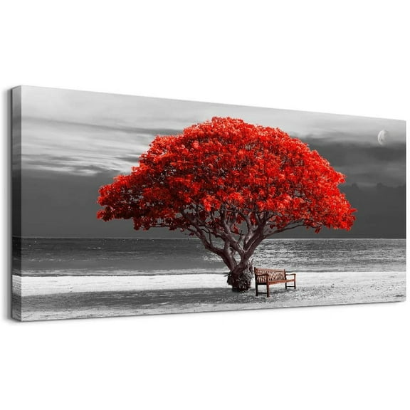Aaheei wall art for living room Decorations Photo Prints - panoramic black and white with red trees The moon Landscape - Modern Home Decor The roomed and Ready to Hang artwork