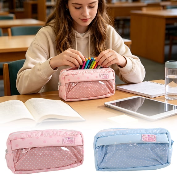 Aaihamo 2Pcs Cute Pencil Case, Stylish Polka Dots Embroidery Pencil Bag, Double Layer Large Capacity Portable Stationery Pouch for Teens Adults Office Desktop Decor