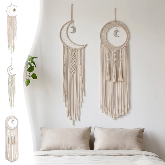 Aaihamo 3Pcs Macrame Dreamcatcher, Crochet Crescent Moon Star Dream Catcher with Long Tassel, Cotton Handmade Bohemian Decor for Home Wall Decor