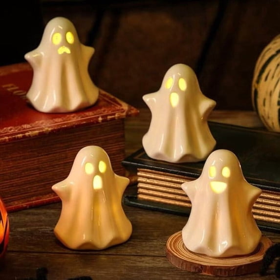 Aaihamo 4Pcs Halloween Ghost Ornament, Ceramic Ghost Night Light Decor, Small White Ghost Figurine for Desk Tabletop Centerpieces, Halloween Decoration