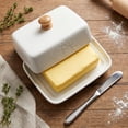 thumbnail image 1 of Aaihamo Ceramic European Butter Dish, Wide 2 Stick Double Butter Holder with Wooden Knob Lid for Counter, Cream Cheese Container Storage Keeper, 1 of 8