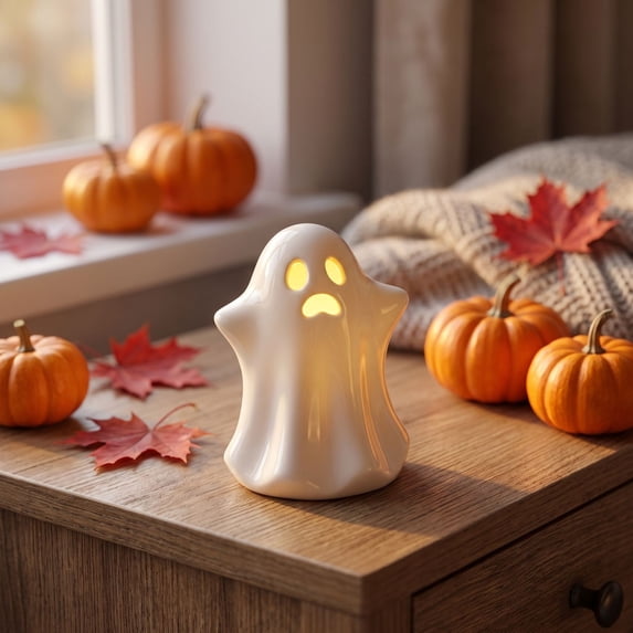 Aaihamo Halloween Ghost Ornament, Ceramic Ghost Night Light Decor, Small White Ghost Figurine for Desk Tabletop Centerpieces, Halloween Decoration