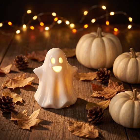 Aaihamo Halloween Ghost Ornament, Ceramic Ghost Night Light Decor, Small White Ghost Figurine for Desk Tabletop Centerpieces, Halloween Decoration