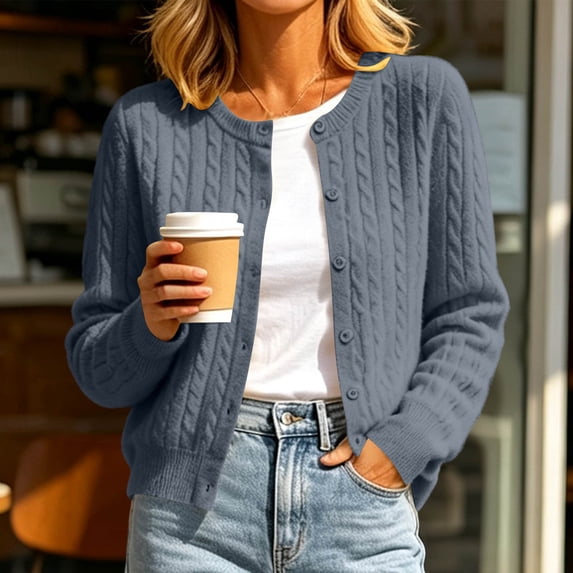 Aaihamo Women Fall Winter Long Sleeve Knitted Cardigan Open Front Button Down Casual Solid Blouse Sweater, Dark Gray L