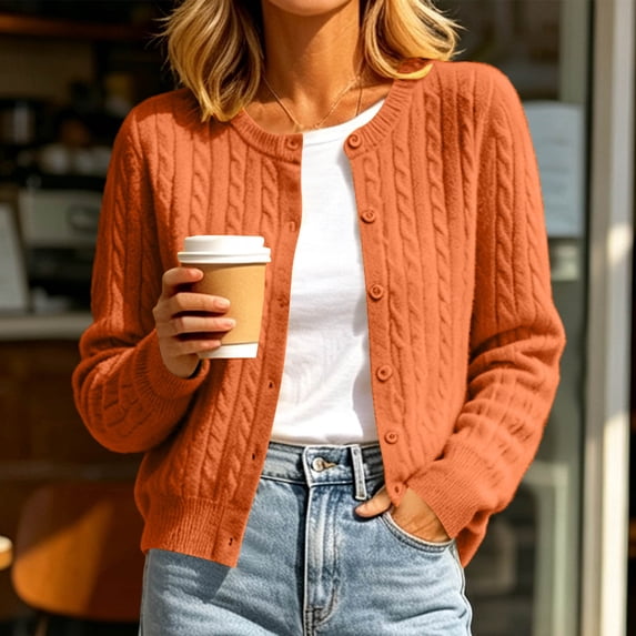 Aaihamo Women Fall Winter Long Sleeve Knitted Cardigan Open Front Button Down Casual Solid Blouse Sweater, Orange 2XL