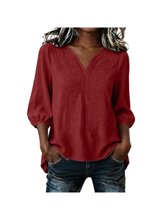 Women Fall Winter V Neck 3/4 Sleeve Pullover Shirts Embroidery Boho Casual Loose Blouse, Red S