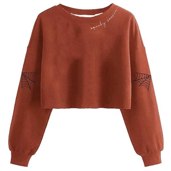 Aaihamo Women Halloween Long Sleeve Crop Top Gothic Letter Graphic Tee Casual Loose Pullover Fall Outfits, Orange XL