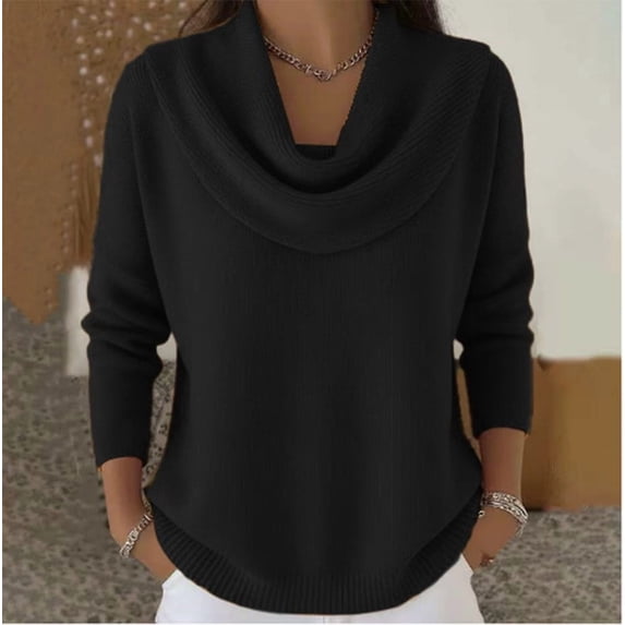 Aaihamo Women Plus Size Cowl Neck Long Sleeve Knitted Pullover Casual Fall Winter Sweater Tops Warm Solid Loose Fit Blouse, Black L
