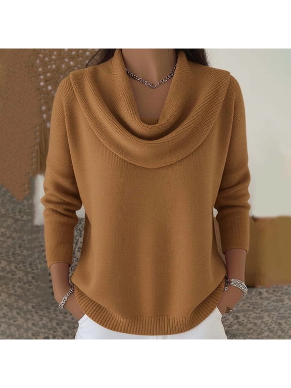 Women Plus Size Cowl Neck Long Sleeve Knitted Pullover Casual Fall Winter Sweater Tops Warm Solid Loose Fit Blouse, Brown 3XL