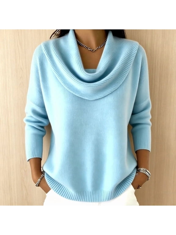 Women Plus Size Cowl Neck Long Sleeve Knitted Pullover Casual Fall Winter Sweater Tops Warm Solid Loose Fit Blouse, Light Blue S