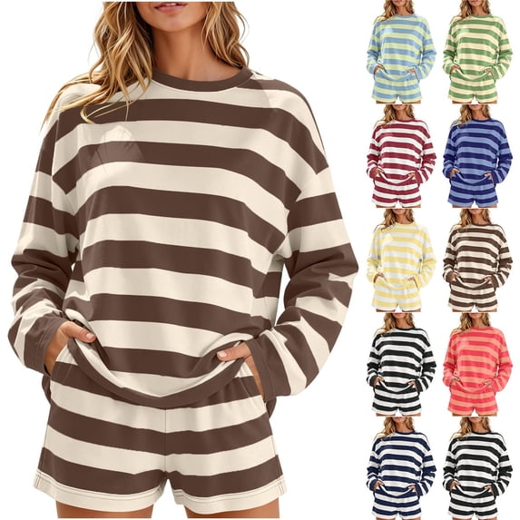 Aaihamo Women's 2 Piece Matching Lounge Set Soft Long Sleeve Round Neck Pullover Tops Drawstring Waist Shorts Striped Loose Casual Outfits Fall Tracksuit Clothing , Brown S