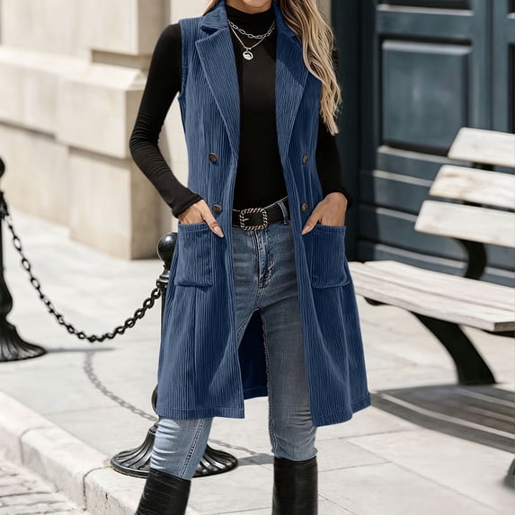 Aaihamo Women's Corduroy Waistcoat Sleeveless Button Down Open Front Casual Fall Jacket Solid Vest Outfit, Navy L