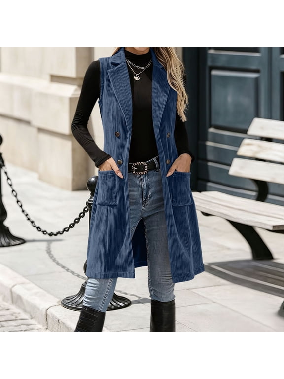 Women's Corduroy Waistcoat Sleeveless Button Down Open Front Casual Fall Jacket Solid Vest Outfit, Navy S