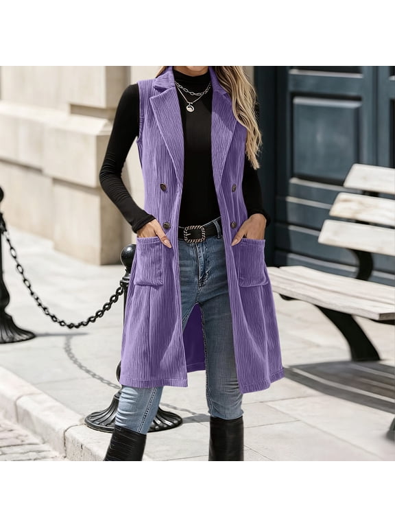 Women's Corduroy Waistcoat Sleeveless Button Down Open Front Casual Fall Jacket Solid Vest Outfit, Purple L