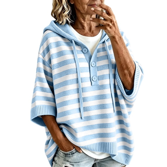 Aaihamo Women's Fall Winter 3/4 Sleeve Striped Sweaters Casual Loose Fit Hooded Tops Cozy Loungewear Knit Pullover for Daily Wear, Light Blue 2XL