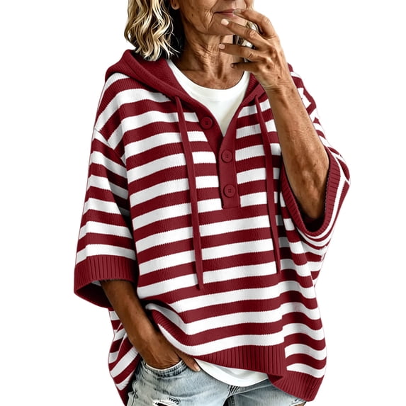 Aaihamo Women's Fall Winter 3/4 Sleeve Striped Sweaters Casual Loose Fit Hooded Tops Cozy Loungewear Knit Pullover for Daily Wear, Wine XL