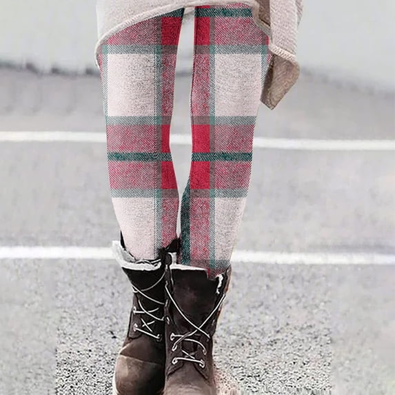 Aaihamo Women's High Waisted Plaid Sport Leggings Slim Fit Long Yoga Pants Casual Workout Active Lounge Trousers, Red XL