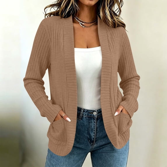 Aaihamo Women's Long Sleeve Cardigan Open Front Ribbed Knit Casual Sweaters Fall Winter Cozy Outfits, Khaki 2XL