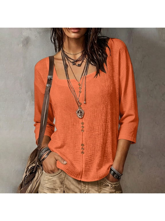 Women's Plus Size Fall Winter Blouse Square Neck 3/4 Sleeve Button Down Casual Basic Pullover Tops Solid Boho Shirts Daily Wear Work Office, Orange 3XL
