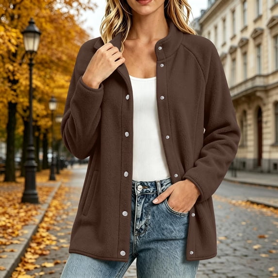 Aaihamo Women's Plus Size Fall Winter Long Sleeve Open Front Coats Button Down Stand Neck Shacket Casual Warm Solid Basic Outdoor Jackets, Brown M