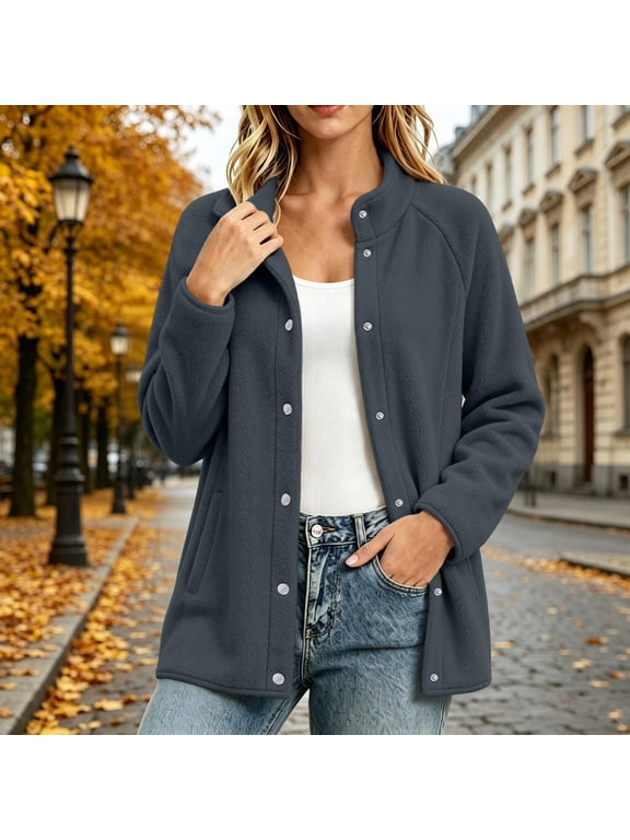 Women's Plus Size Fall Winter Long Sleeve Open Front Coats Button Down Stand Neck Shacket Casual Warm Solid Basic Outdoor Jackets, Gray S