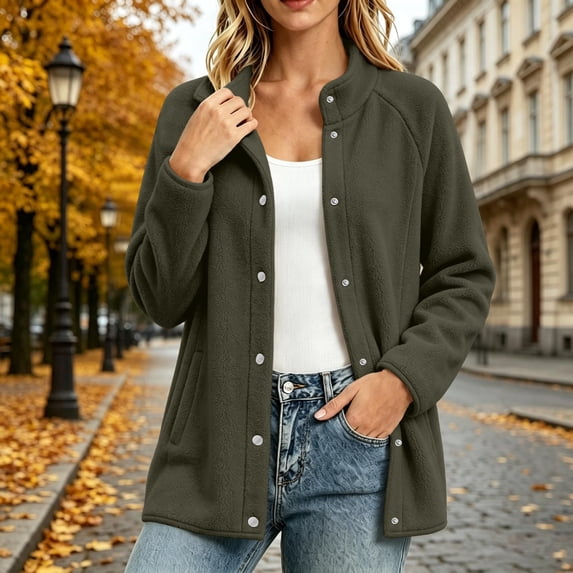 Aaihamo Women's Plus Size Fall Winter Long Sleeve Open Front Coats Button Down Stand Neck Shacket Casual Warm Solid Basic Outdoor Jackets, Army Green XL
