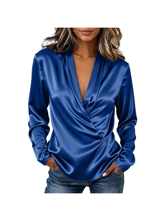Women's Plus Size Fall Winter Long Sleeve Satin Wrap Blouse V Neck Casual Pullover Top Solid Elegant Office Tunic Shirt, Blue 2XL