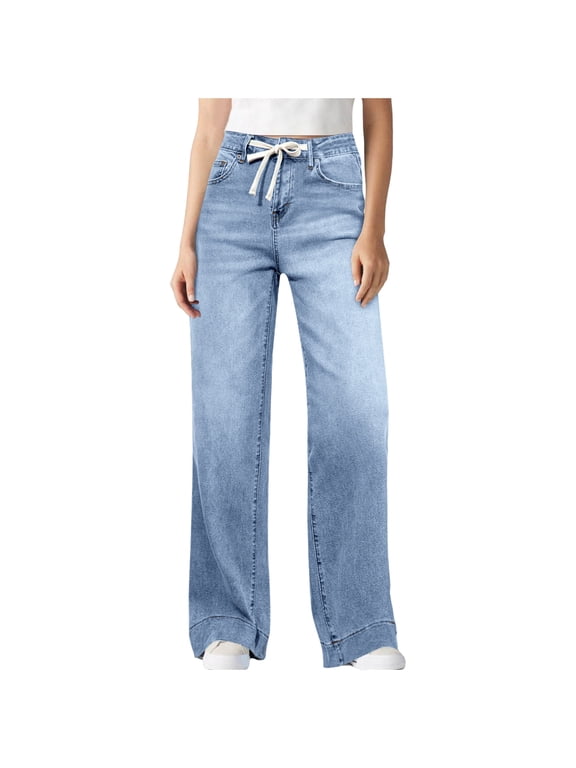Women's Straight Leg Jeans Flowy High Waisted Casual Pants with Pockets Loose Fit Long Denim Trousers for Everyday Wear, Sky Blue S