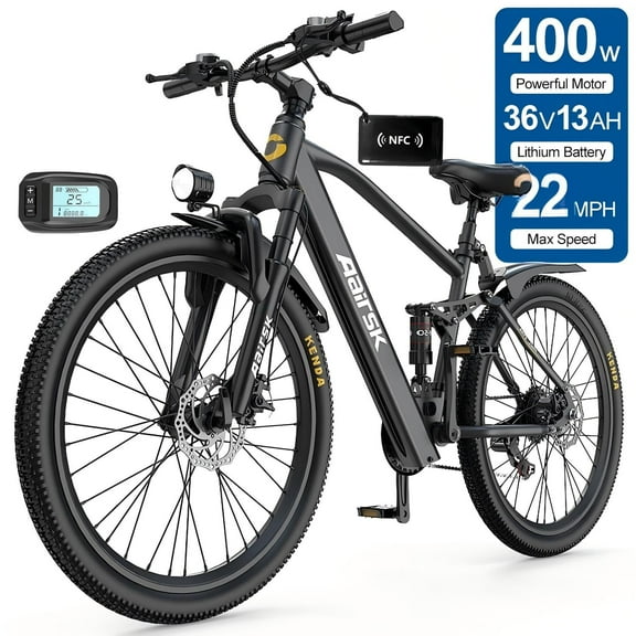 Aairsk F1-Gray Electric Bike – 500W Motor, 48V Battery, Dual Suspension, 26" Tires, Ideal for City and Trail Rides