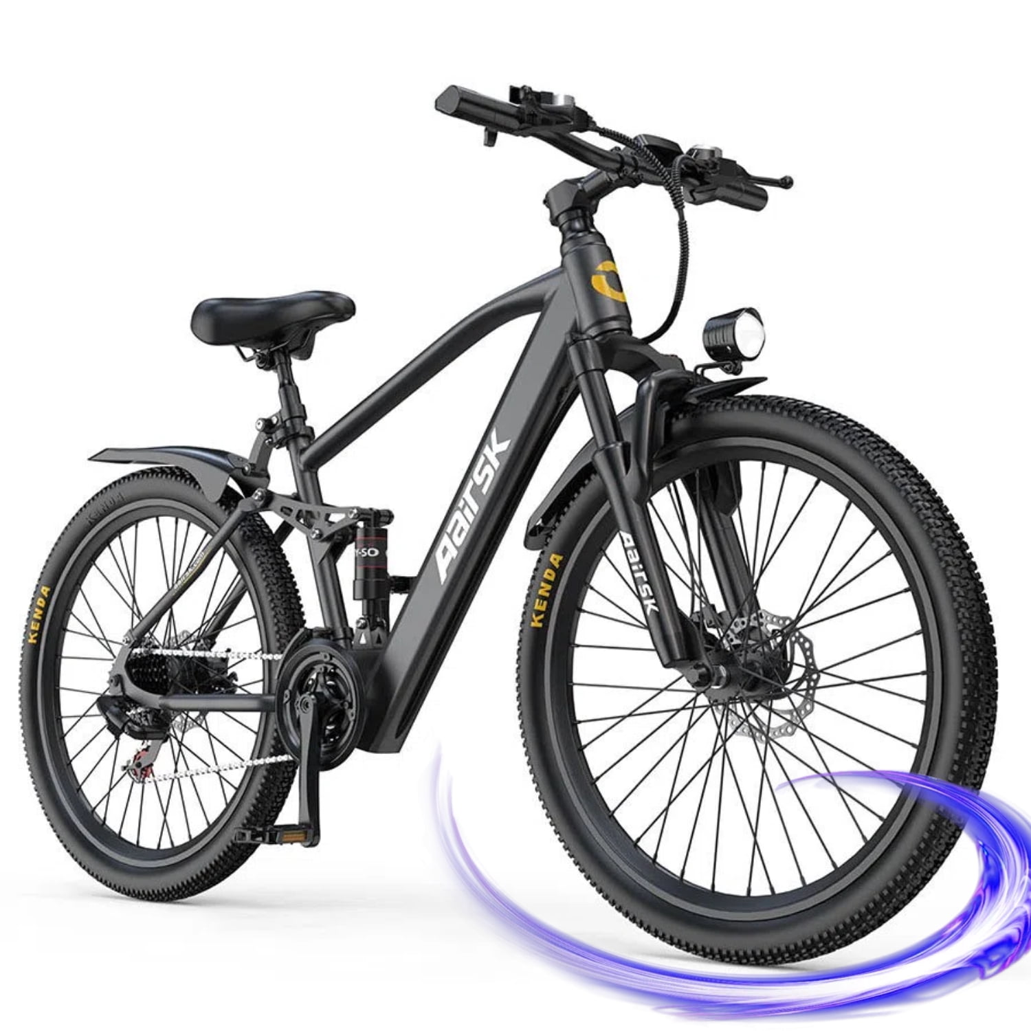 Aairsk GT900 24-inch Electric Mountain Bike (Black), 400W motor, top speed 25 mph, 36V 13Ah battery, Shimano 7-speed gear system, suspension fork, off-road electric bike