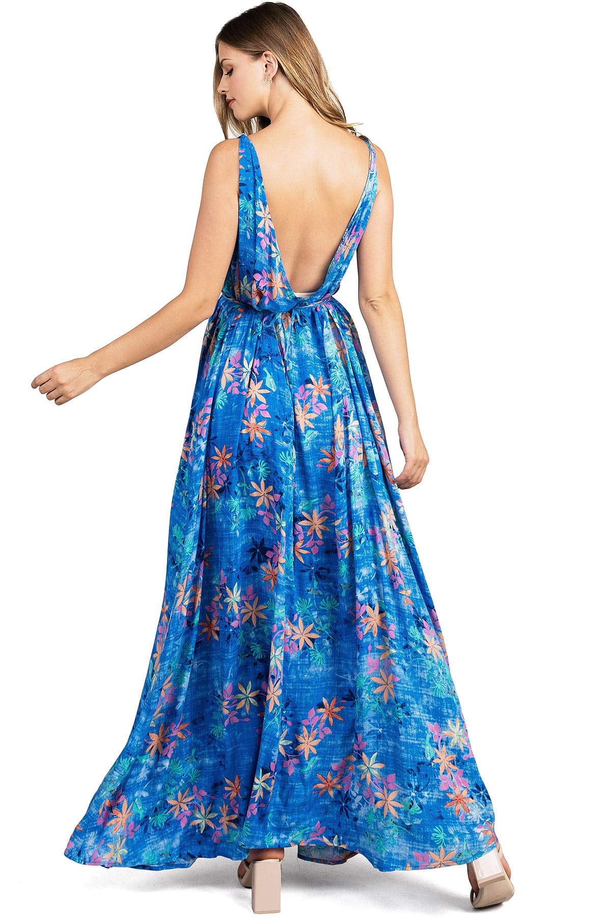 Aakaa Women's Tropical Parachute Low Back Maxi Dress (Blue
