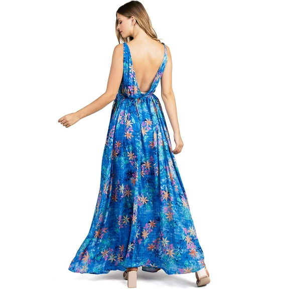 Aakaa Women's Tropical Parachute Low Back Maxi Dress (Blue - No Leg Slit, Small)