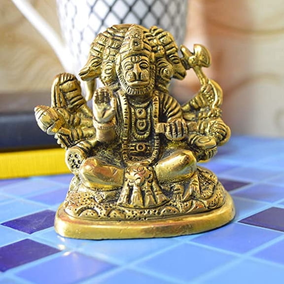Aakrati Sitting Five face Hanuman Figurine for Office or Home and Worship - Brass Idol Figure