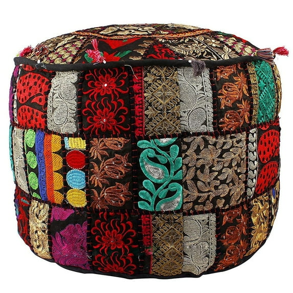 Aakriti Indian Pouf Footstool cover, Indian Cotton, Pouf, Ottoman Pouf Cover With Ethnic Decor Art - Only Cover (Black, 56X35 Cms)