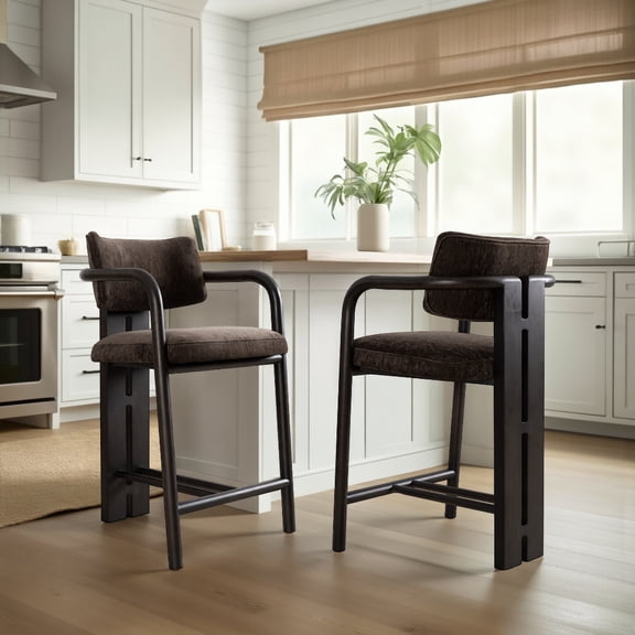 Aaliyah Espresso Solid Wood Upholstered 26" Counter Height Barstool with Brindle Brown Seat - Set of 2