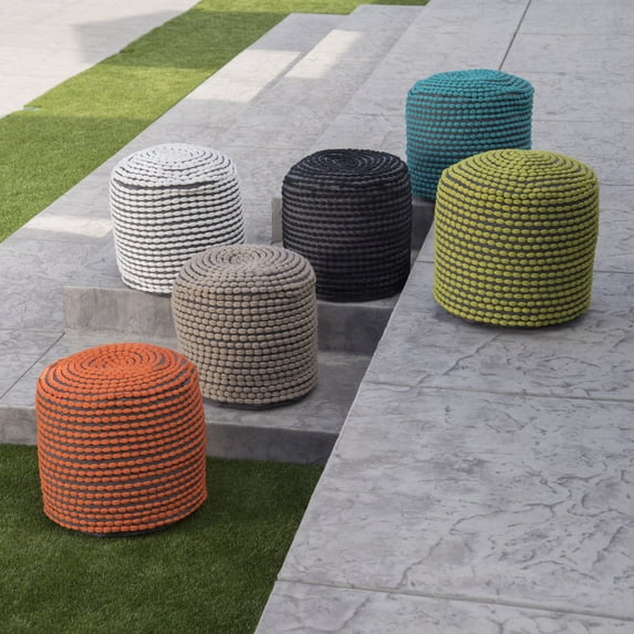 Aaliyah Outdoor Handcrafted Modern Water-Resistant Fabric Cylinder Pouf Ottoman, Black