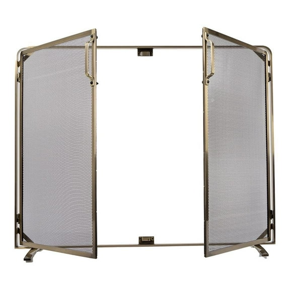 Modern Ember Aalto Heavy-Duty Steel Mesh Fireplace Screen with Dual Doors and Aged Brass Finish