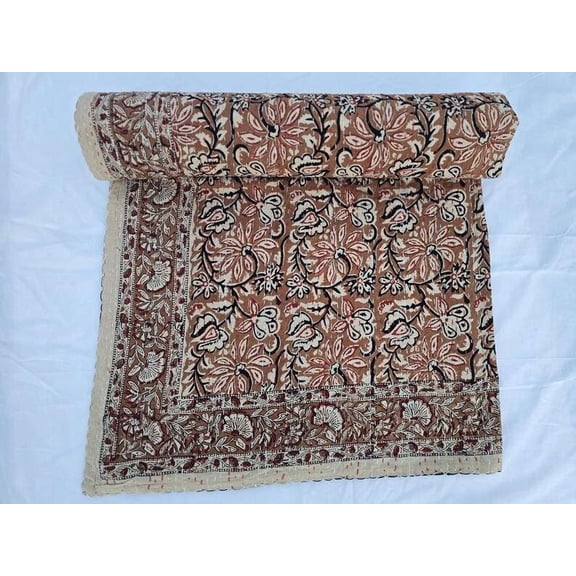 AandETextileHouse Kantha Quilt Farmhouse Hand Block Print Floral Brown Floral Cotton Hand Stitched Quilts, King - Breathable