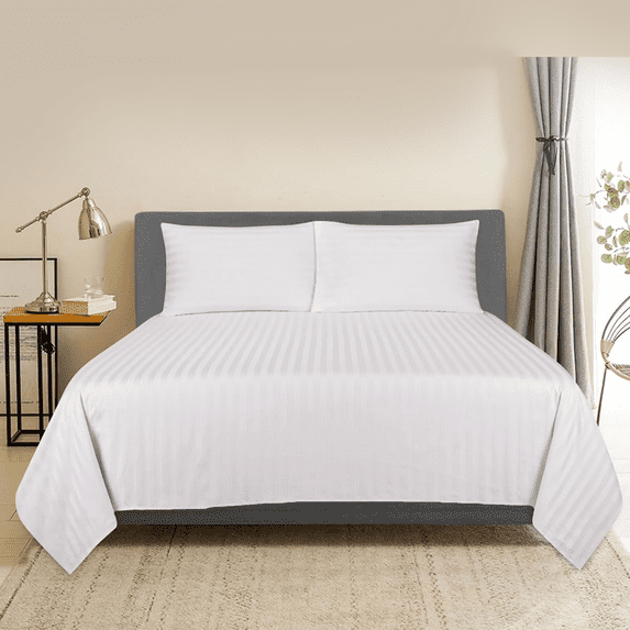 Aanya Linen 600 Thread Count Sheet Sets | 100% Long Staple Cotton - 20" Inch Deep Pocket - (Size - Queen, White Damask Stripe)