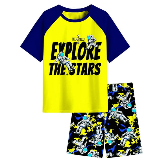 Aideaone Boys' Pajamas Set Short Sleeves Tops & Shorts 2-Piece Printed Kid Sleepwear Pajamas Set for Boys 6-14Y