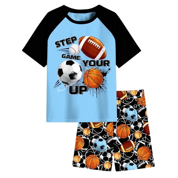 Boys' Pajamas Set Short Sleeves Tops & Shorts 2-Piece Printed Kid Sleepwear Pajamas Set for Boys 6-14Y