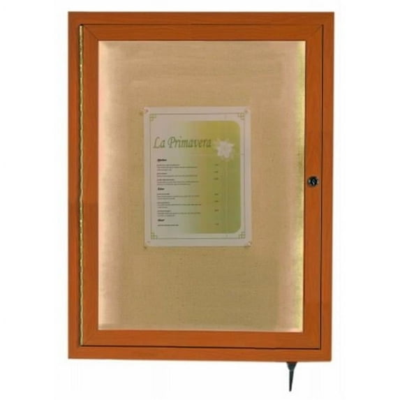 Aarco Products  Inc. LWL2418O Indoor/Outdoor LED Lighted Display Case with Oak Wood-Look Finish. Posting Surface is Neutral Burlap Weave Vinyl. 24 in.Hx18 in.W. One Door.