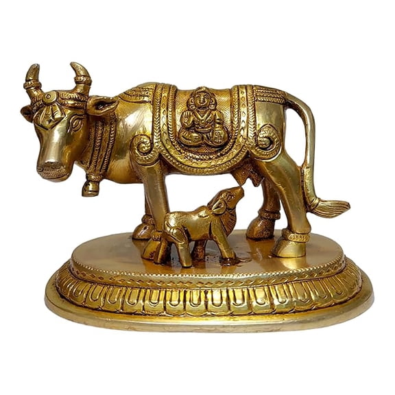 AargKraft Brass Golden Kamdhenu Cow with Calf, Vastu Gau MATA Idol, Spiritual Vastu Nandi Pooja Figurine Sculpture, Kamdhenu Cow & Calf Idol for Home and Office - 4 Inches