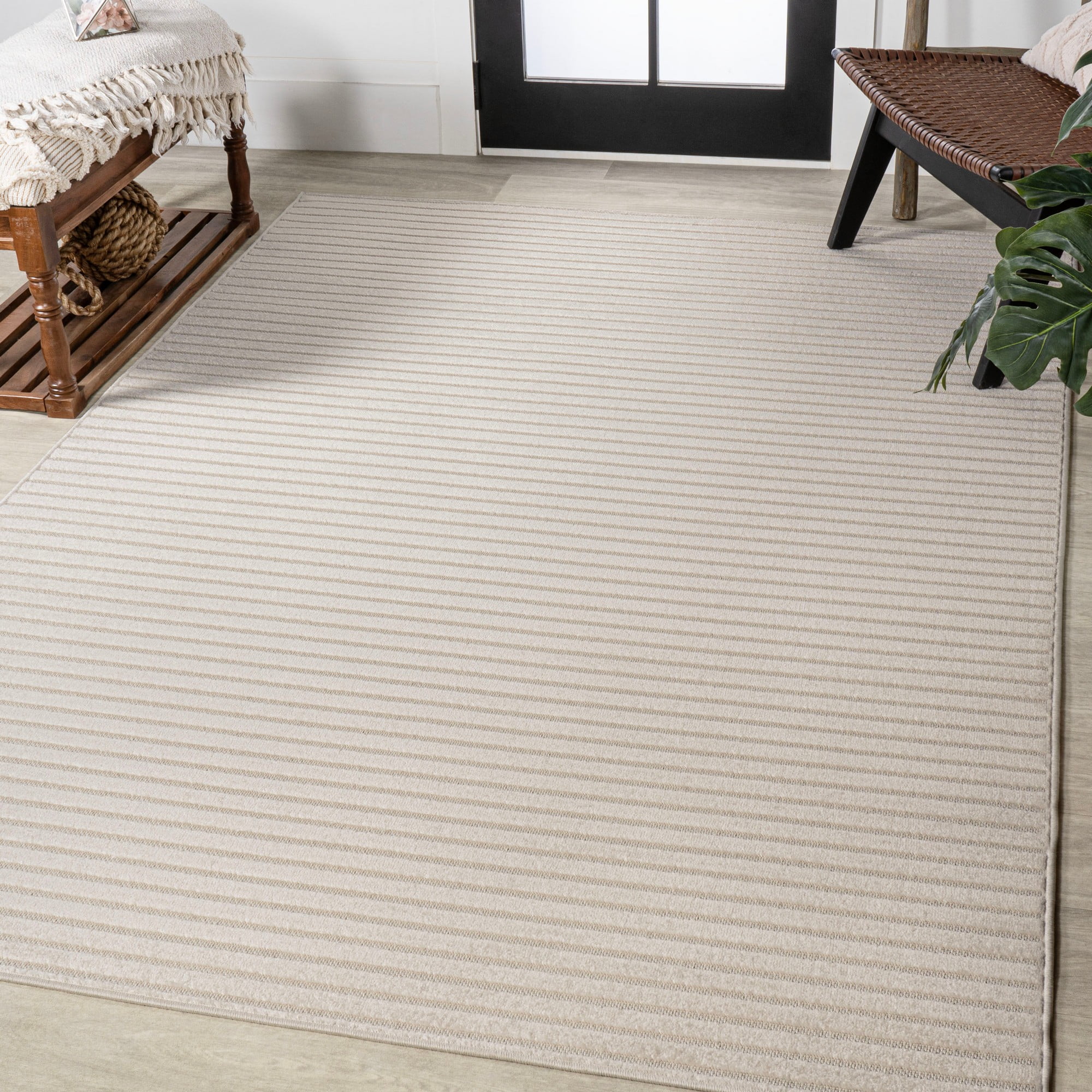 Aarhus Ivory Synthetic Striped 3' x 5' Indoor/Outdoor Rug
