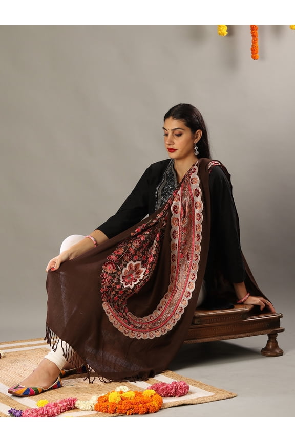 Aari Embroidered Brown Wool Stole - Kashmiri Motif Tassel Design