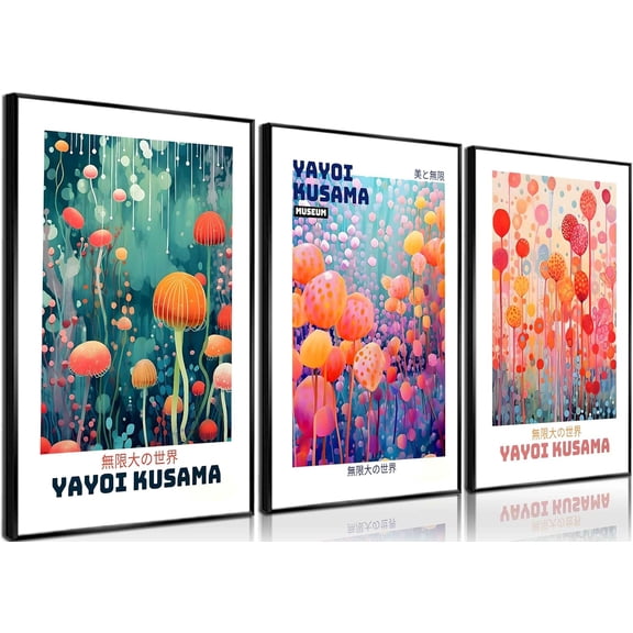 Aaroca 3 Pcs Yayoi Kusama Canvas Wall Art Abstract Japanese Botanical Wall Decor Pictures Vintage Tokyo Aesthetic Posters Prints for Bathroom Kitchen Gallery Living Room Bedroom Decoration