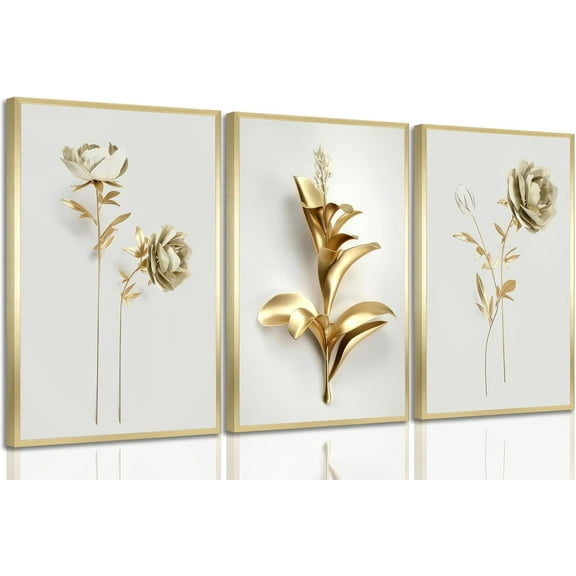 Aaroca 3Pcs Abstract Golden Flower Canvas Wall Art Modern Luxury Minimalism Nordic Floral Plant Painting Picture Wall Decor Poster Print Artwork for Living Room Bedroom Home Decoration