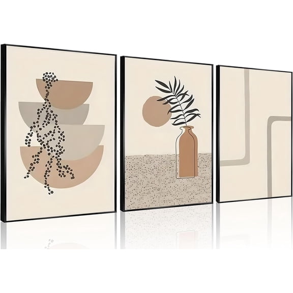 Aaroca 3Pcs Boho Wall Art Neutral Beige Pictures Abstract Bohemian Plant Geometric Canvas Prints Mid Century Modern Posters Minimalist Botanical Painting for Living Room Bedroom Bathroom