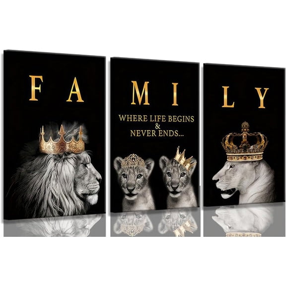Aaroca 3Pcs Lion Family Canvas Wall Art The Lion King and Queen with Gold Crown Poster Modern Motivational Black and White Animal Wall Decor Painting for Home Bedroom Living Room Office decoration